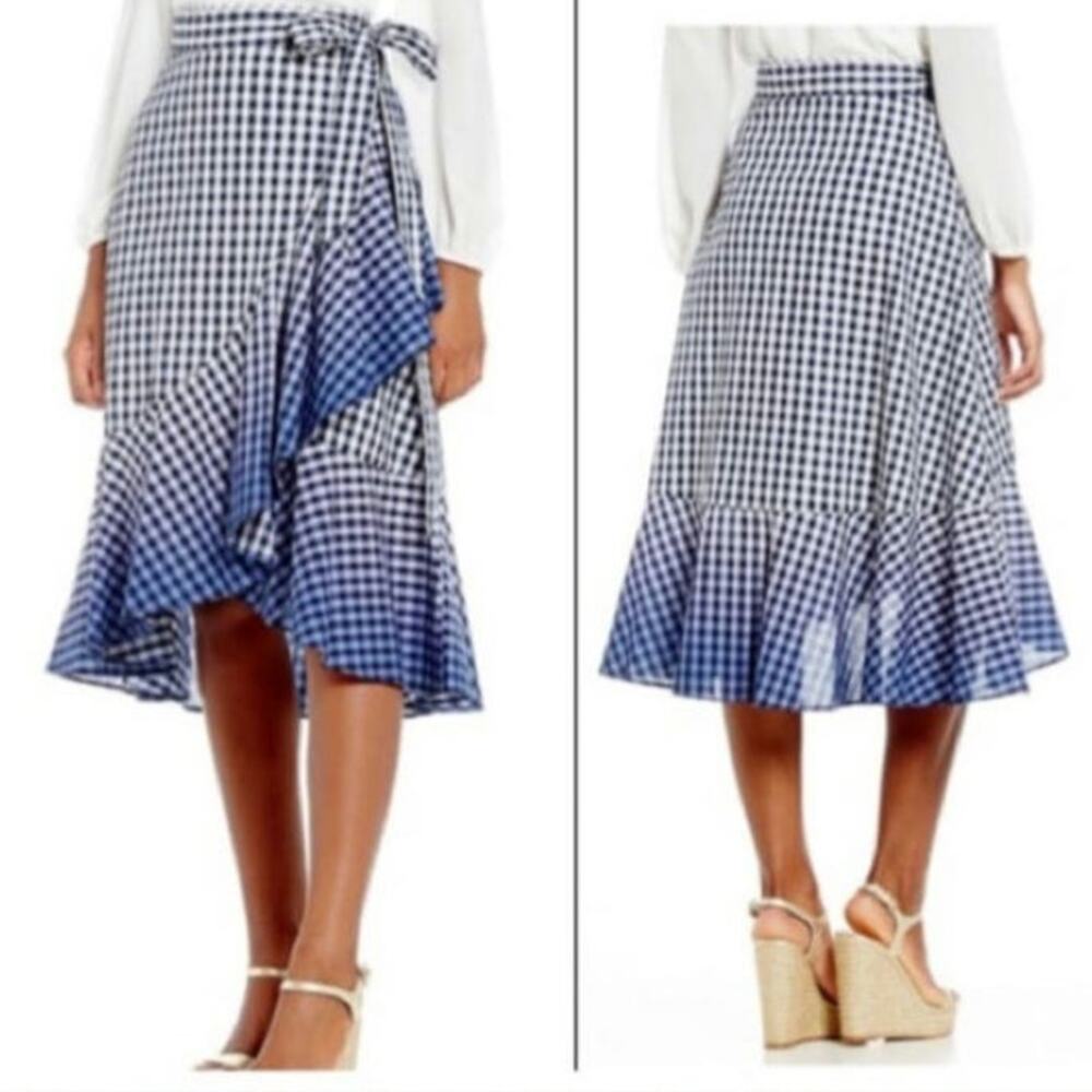 NWT Badgley Mischka Reese Blue Gingham Wrap Skirt Size Large